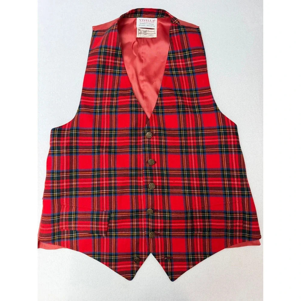 Vintage Viyella Mens Red Plaid Wool Blend Vest in Scotland Tartan Waistcoat 44